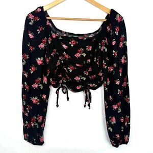 Wild Fable Black Rose Corset Style Puff Sleeve Crop Top S